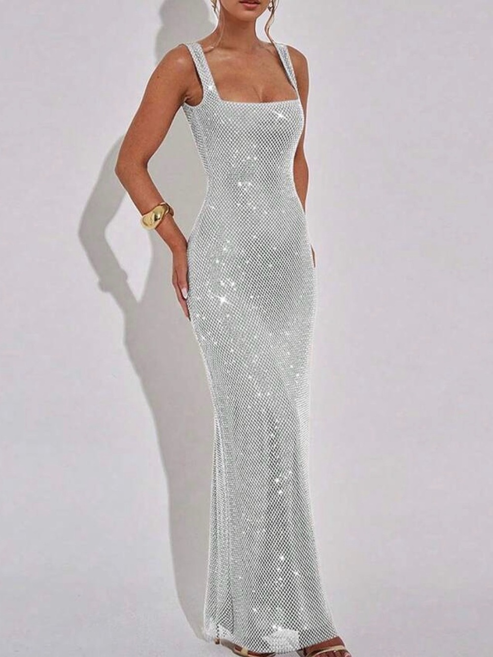 Sparkly Low-back Sleeveless White Crochet Maxi Dress